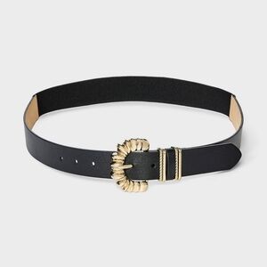 Belt, Gold Color Buckle, Black Leather and Elastic Plus Size, NWT